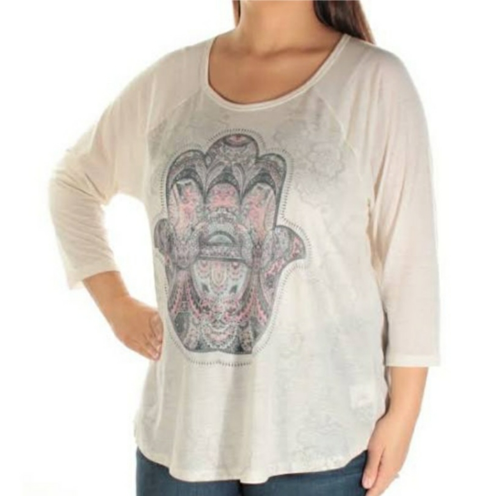 Style & Co. Beige Lotus Hand Hamsa Print Top
